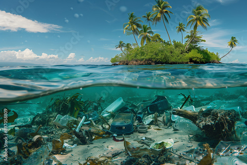 Underwater view of plastic pollution in the ocean with a tropical island backdrop.