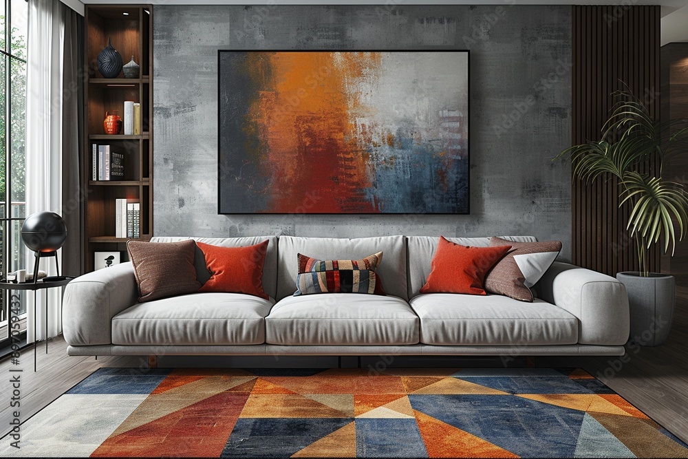 Openconcept living area with a minimalist sofa geometric rug and large abstract wall art modern design neutral tones digital art Openconcept living area with a minimalist sofa geometric rug and large abstract wall art modern design neutral tones digital art