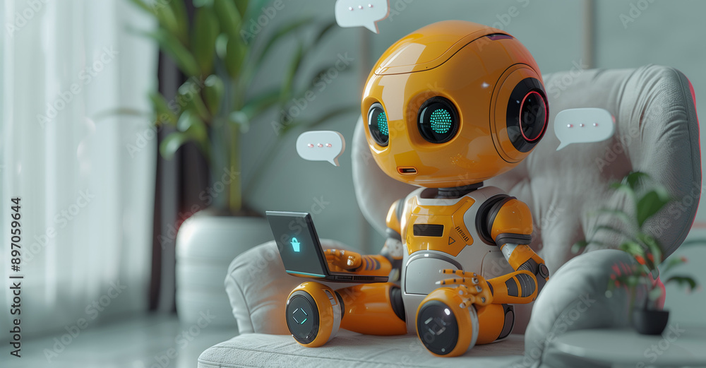 A charming robot sits comfortably on an armchair, intently using a laptop. The scene captures the blend of advanced technology and everyday activities. A charming robot sits comfortably on an armchair, intently using a laptop. The scene captures the blend of advanced technology and everyday activities.