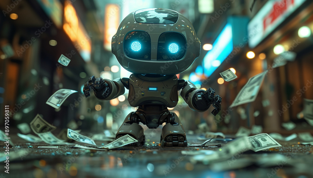 Fototapeta premium A charming robot with glowing blue eyes stands in a cityscape, surrounded by flying dollar bills.