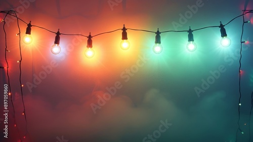 String of Multicolored Light Bulbs Against a Foggy Background