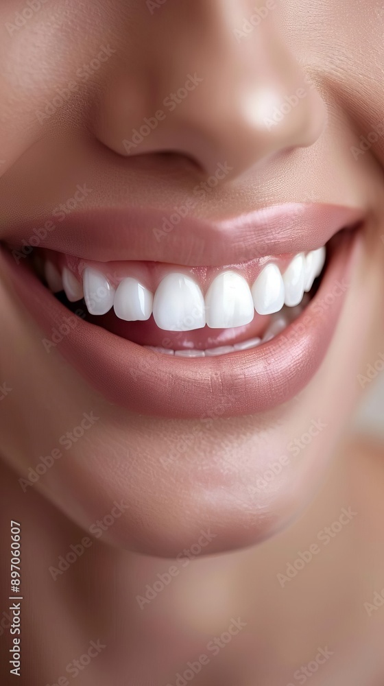 Fototapeta premium A closeup of a womans smile with perfectly white teeth, set against a soft, blurred background