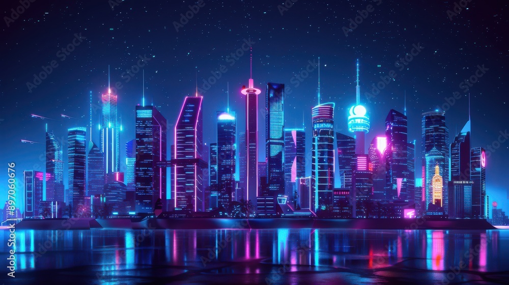 futuristic city skyline with towering skyscrapers and flying cars. futuristic city skyline with towering skyscrapers and flying cars.