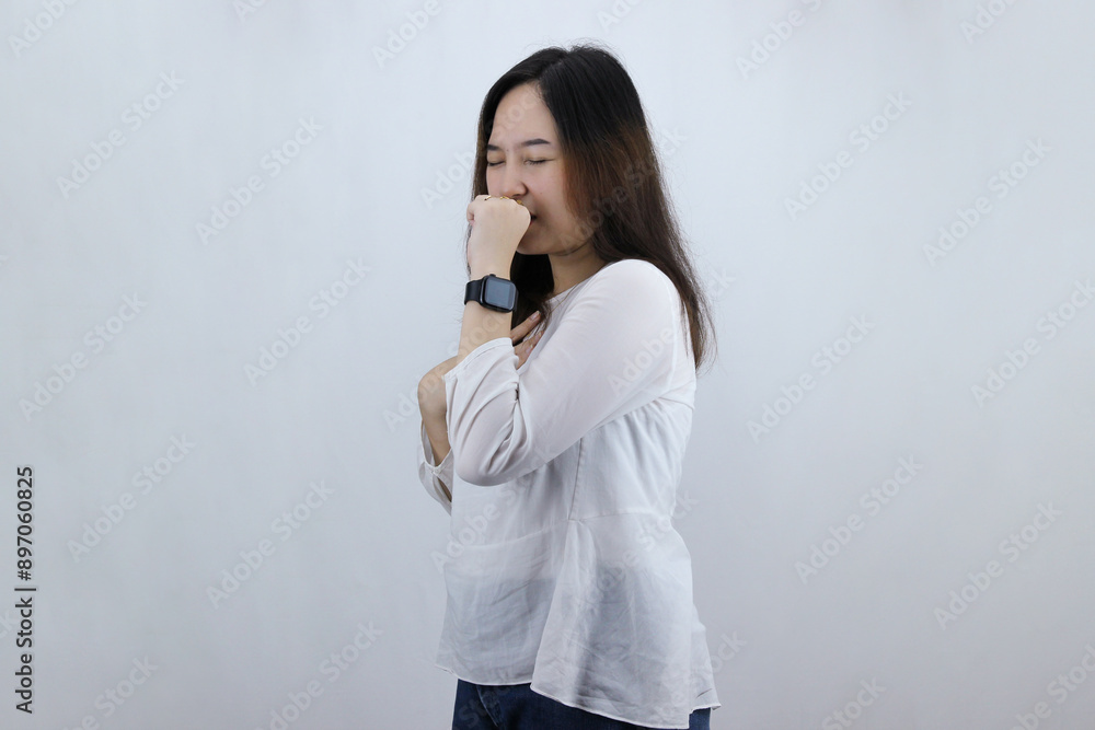 Asian young woman unhealthy, girl unwell and coughing Asian young woman unhealthy, girl unwell and coughing