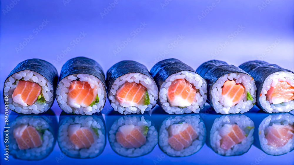 Elegant Sushi Rolls on Blue Background, Perfect for Food Blogs, Menus, Culinary Presentations, Culinary Articles, Magazines and Blogs, Social Media Promotions, Advertising, Chef Showcases, Content Elegant Sushi Rolls on Blue Background, Perfect for Food Blogs, Menus, Culinary Presentations, Culinary Articles, Magazines and Blogs, Social Media Promotions, Advertising, Chef Showcases, Content