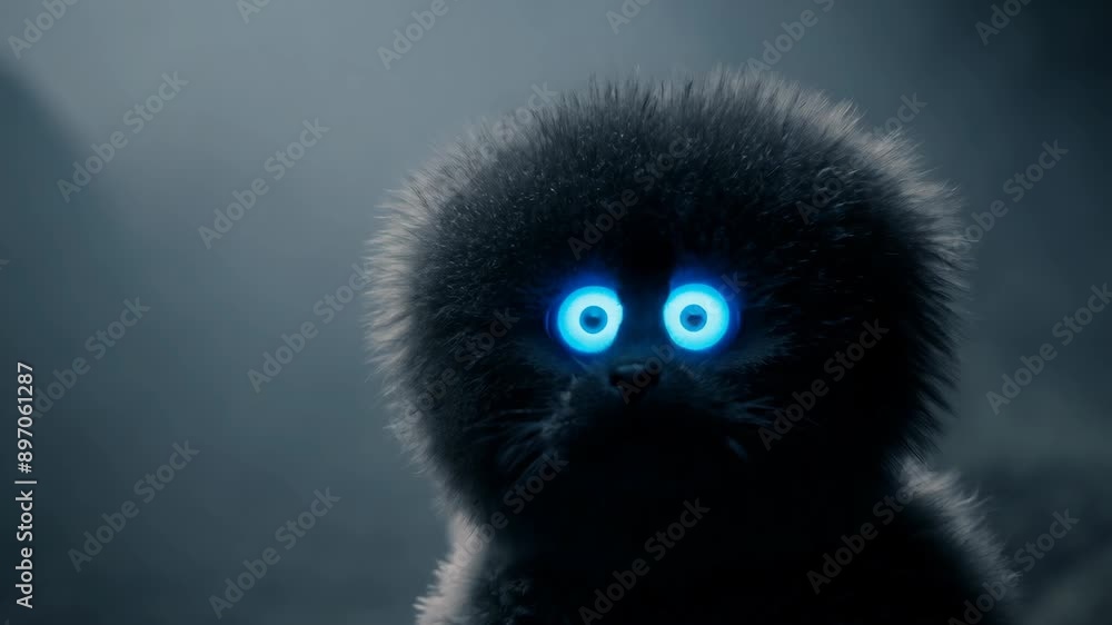A Fluffy Creature With Bright Blue Eyes in a Foggy Forest A Fluffy Creature With Bright Blue Eyes in a Foggy Forest