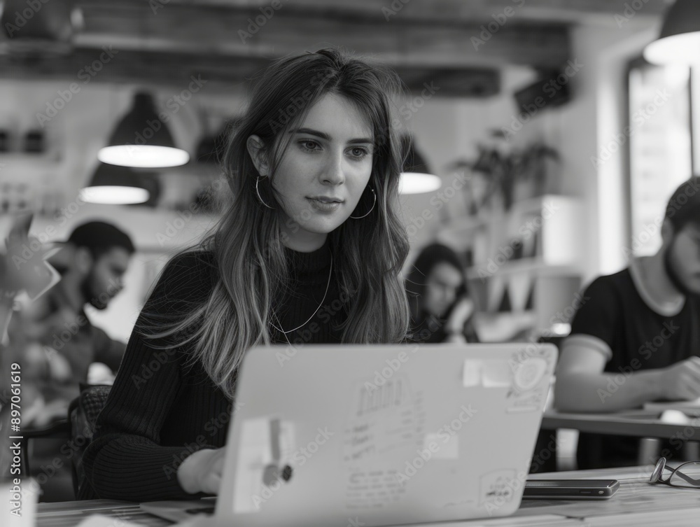 A woman sits in front of a laptop, likely working or studying A woman sits in front of a laptop, likely working or studying
