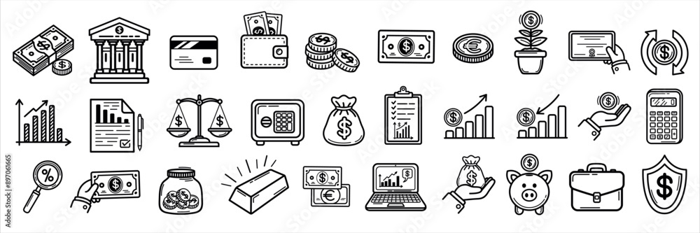 Finance and Economics Vector Icon Collection. A set of icons related to money, payment, currency, bank, wallet, piggy, business, exchange and more. Vector illustration Finance and Economics Vector Icon Collection. A set of icons related to money, payment, currency, bank, wallet, piggy, business, exchange and more. Vector illustration