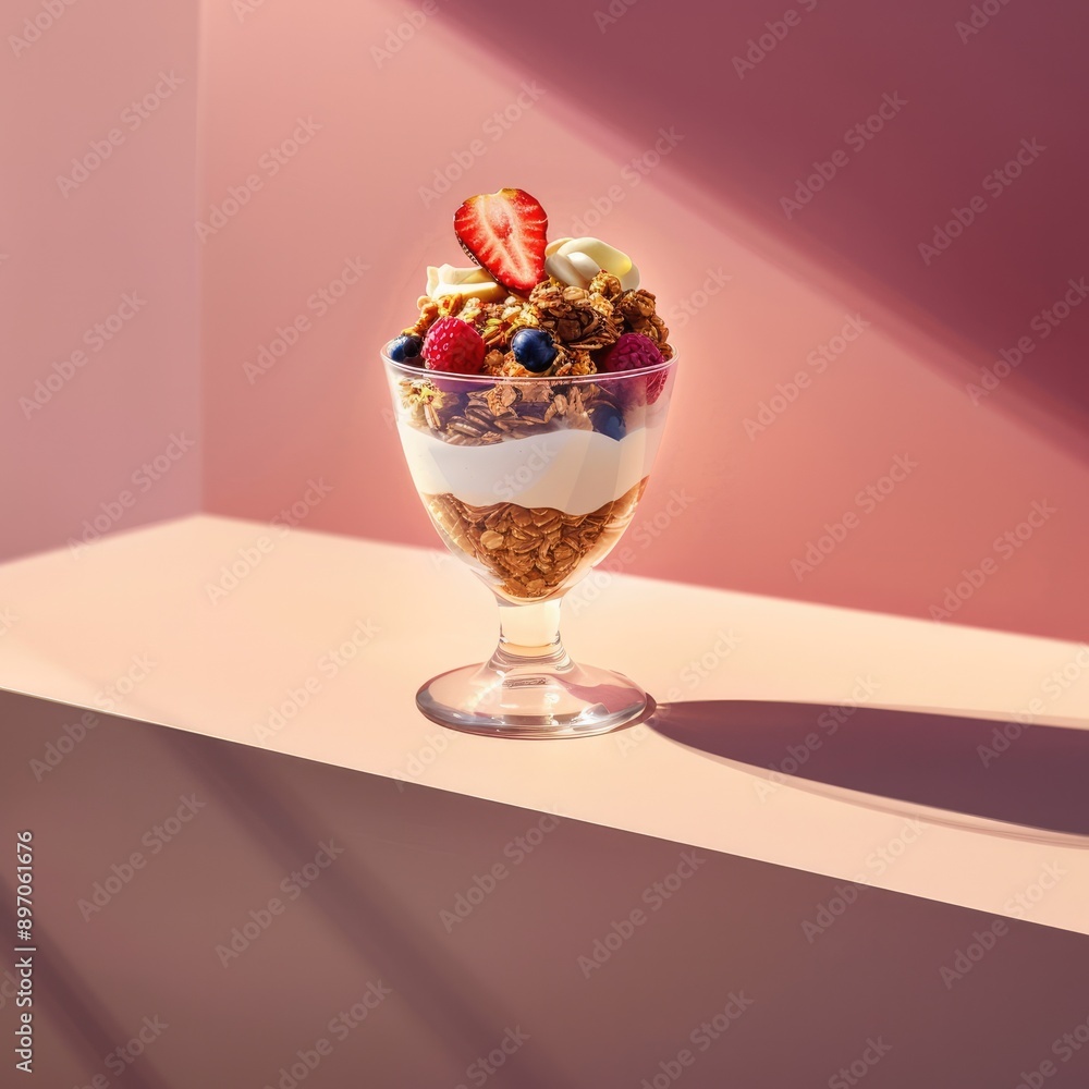Granola with Yogurt and Berries in Glass on Table Granola with Yogurt and Berries in Glass on Table