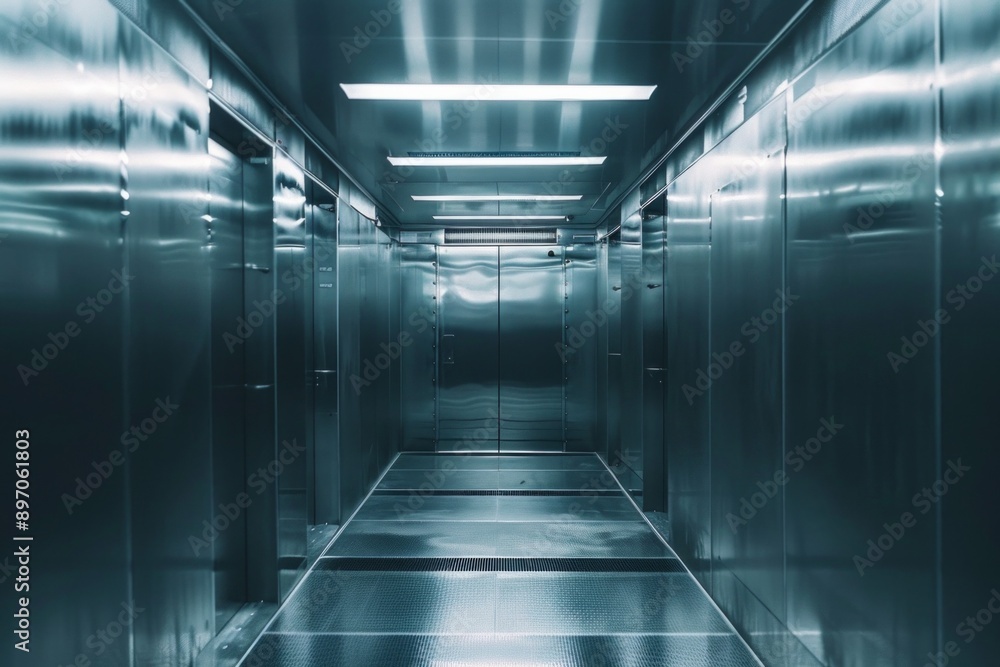 inside of a clean and silvery metallic elevator inside of a clean and silvery metallic elevator