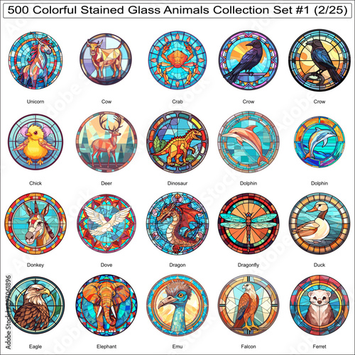 Colorful Stained Glass Cute Animals Bundle Collection Set of 500 Animals Part 2