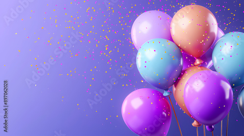 Colorful balloons, celebration decoration on purple background