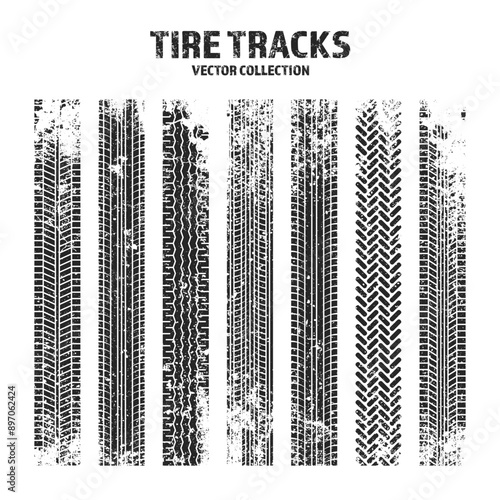 Grunge tire tracks, wheel braking marks. Truck, car or motorcycle tread pattern silhouettes. Auto race, motorsport, speed racing design element. Vector illustration