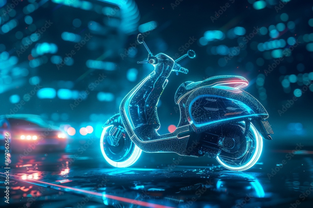 Fototapeta premium Futuristic Scooter in a Glowing Cityscape