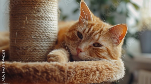 A domestic orange cat lounges on top of a wooden scratching post photo