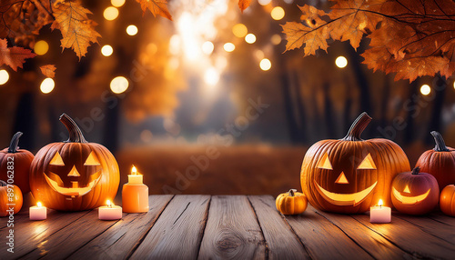 PLANO DE FUNDO COM DECORAÇÃO DE HALLOWEEN EM UMA PLATAFORMA DE MADEIRA PARA DIVULGAÇÃO E ANÚNCIO PUBLICITÁRIO.  photo