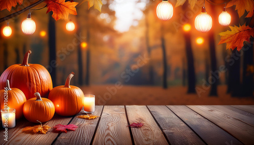 PLANO DE FUNDO COM DECORAÇÃO DE HALLOWEEN EM UMA PLATAFORMA DE MADEIRA PARA DIVULGAÇÃO E ANÚNCIO PUBLICITÁRIO.  photo