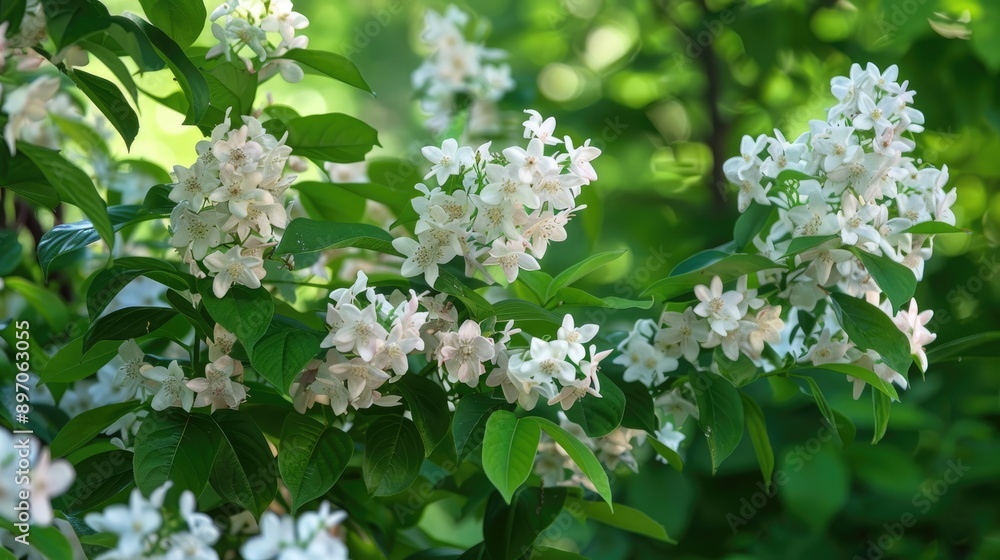 Blooming Deutzia bush surrounded by greenery perfect for a background or greeting card Blooming Deutzia bush surrounded by greenery perfect for a background or greeting card