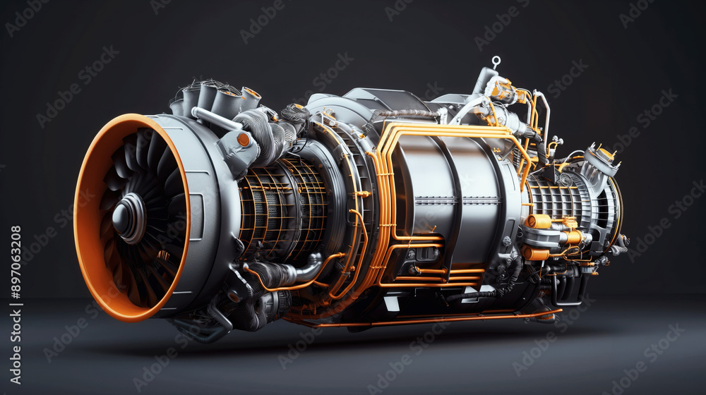 Highly detailed industrial jet engine with visible components and wiring, displayed on a dark background. Highly detailed industrial jet engine with visible components and wiring, displayed on a dark background.