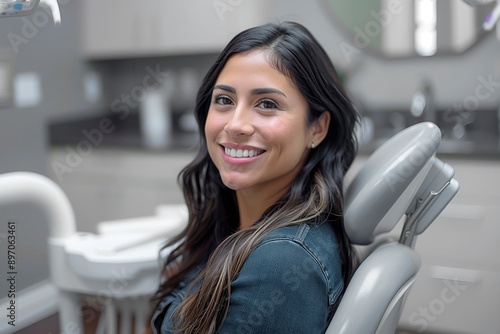 Smiling Woman Sitting In Dental Chair, copy space for text, dental office advertising photo