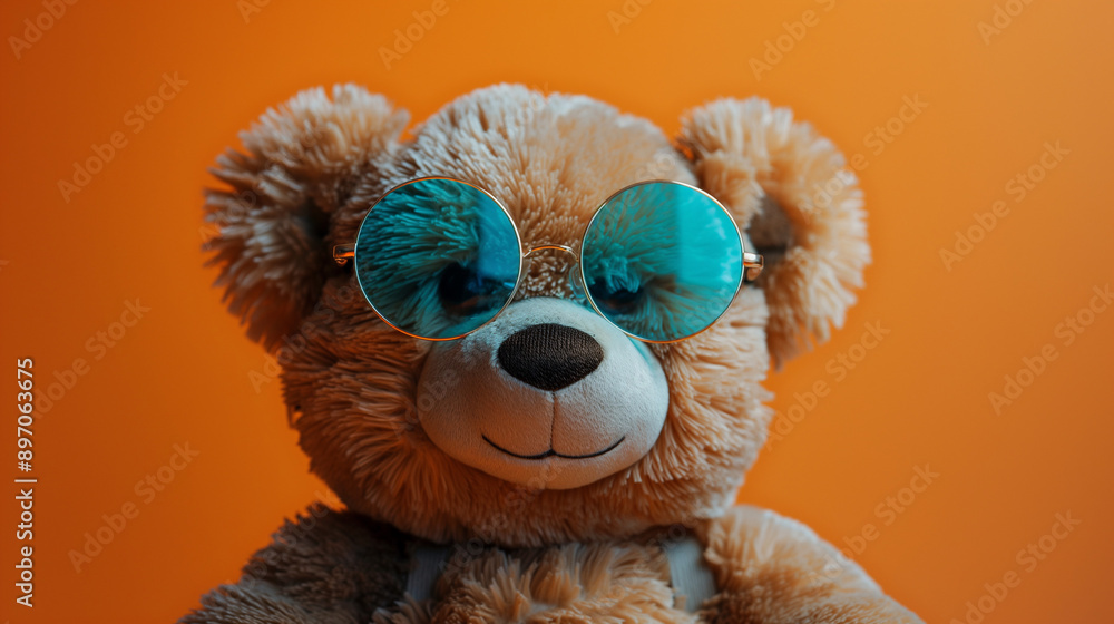 A plush teddy bear with light brown fur. The teddy bear is wearing large, round, turquoise-colored glasses. The background of the image is a vibrant shade of orange
A plush teddy bear with light brown fur. The teddy bear is wearing large, round, turquoise-colored glasses. The background of the image is a vibrant shade of orange