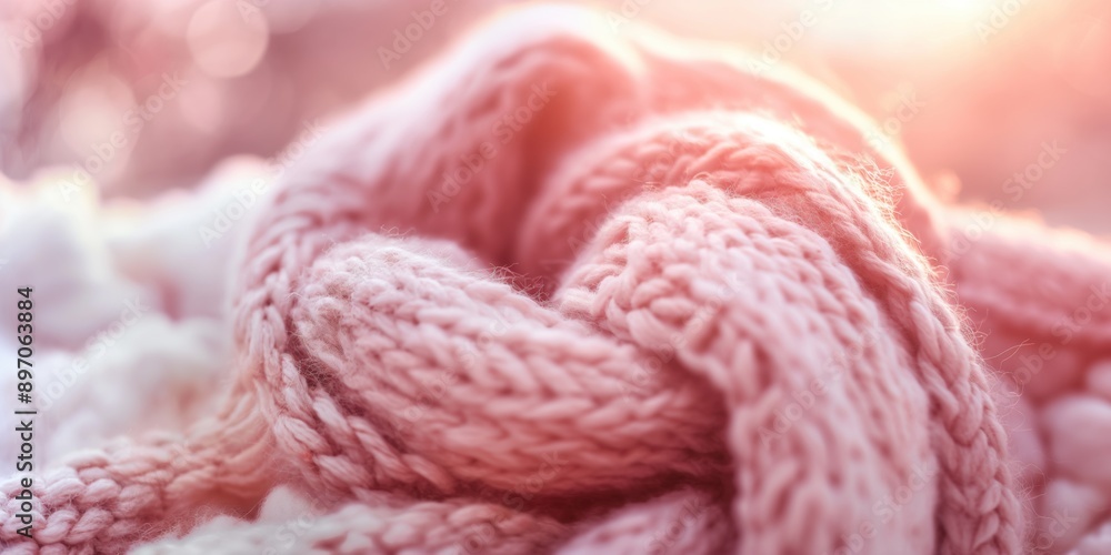 Soft-focus close-up photo of a knitted scarf in pastel colours, symbolizing warmth and affection. Knitwear and knitting concept. Soft-focus close-up photo of a knitted scarf in pastel colours, symbolizing warmth and affection. Knitwear and knitting concept.