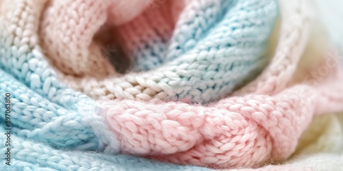 Soft-focus close-up photo of a knitted scarf in pastel colours, symbolizing warmth and affection. Knitwear and knitting concept.