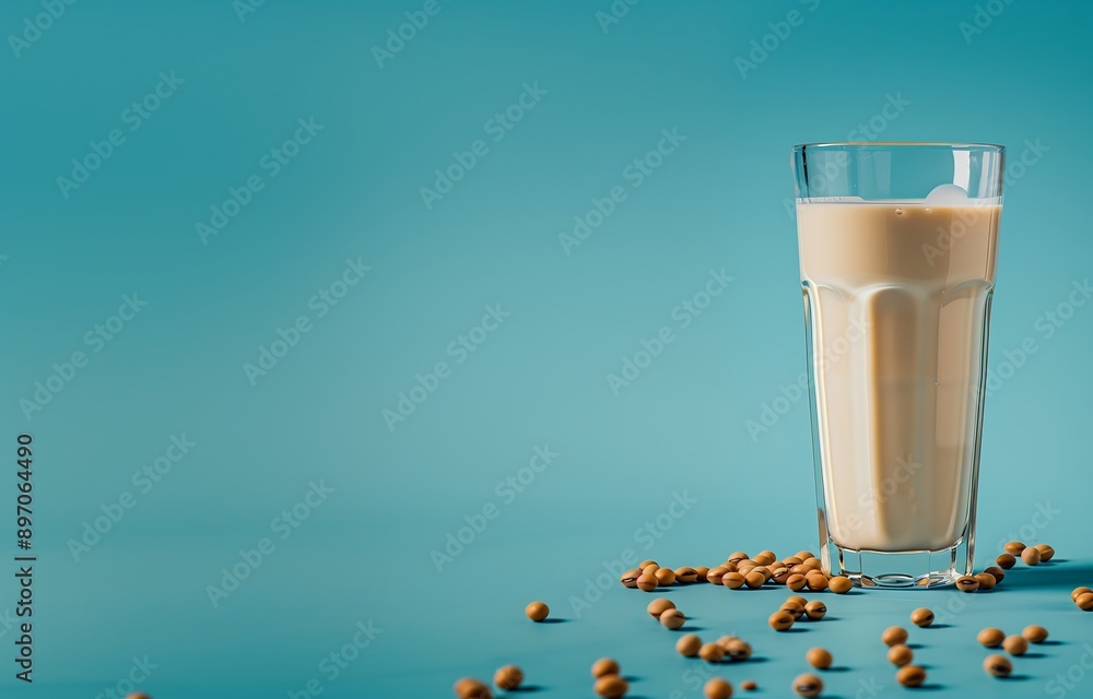 glass of soy milk isolated on cyan background