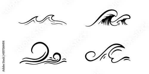 Doodle sea wave icons. Hand drawn simple wavy lines. Sea storm scribble icons set. Ocean water flow curve sketch. Aqua doodle symbols. Vector illustration isolated on white background.