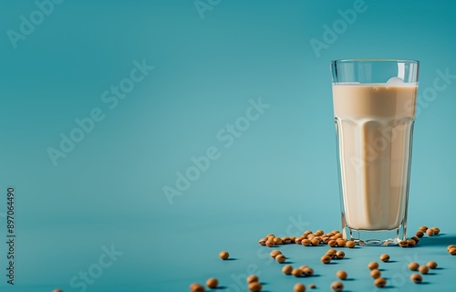 Obraz na płótnie glass of soy milk isolated on cyan background w salonie