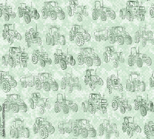The seamless pixel background with tractors.