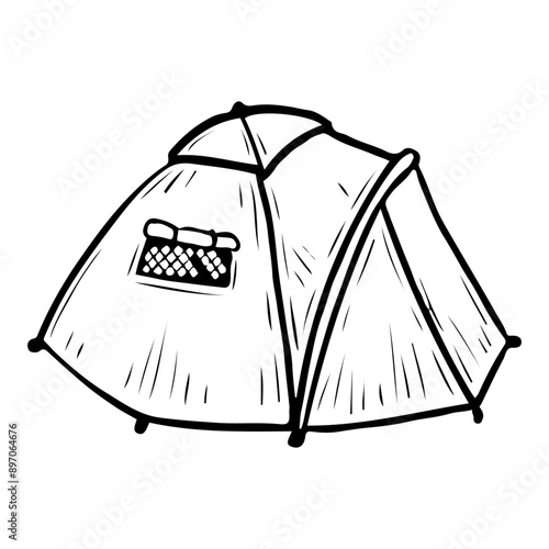 Camping tent hand drawn in doodle style. Tourist folding house for overnight stay in the forest mountains. Tent camp. Protection from rain and cold. Vector line art illustration.