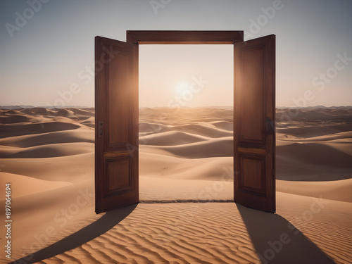 Opened door in the desert, open door guiding a path in the middle of a desert with a beautiful sky