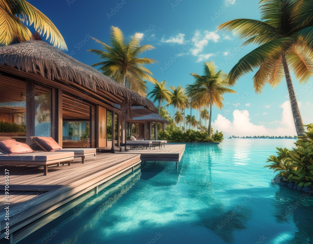 Fototapeta premium Luxury summer banner showing an exclusive tropical resort with a clear water bungalow surrounded by palm trees.