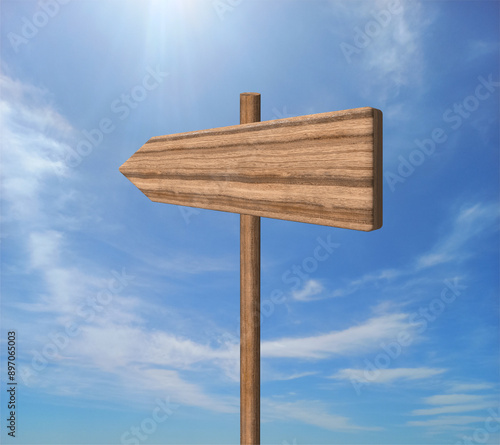 Blank road signpost against blue sky with clouds. Old Empty wooden road sign, arrows, choice and directions signs. Signpost Showing Information. Wooden pointer. Guide sign.