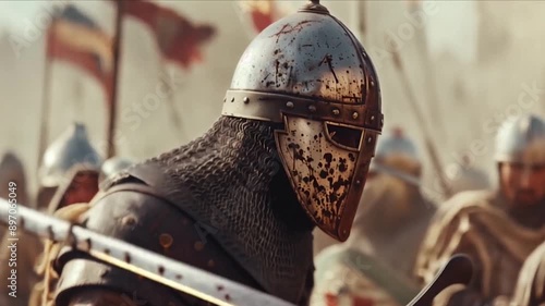 Medieval knight profile in battle-worn armor, wielding a blood filled sword in the middle of a war scene, oozing courage. Epic cinematic scene with warriors fighting in the background photo