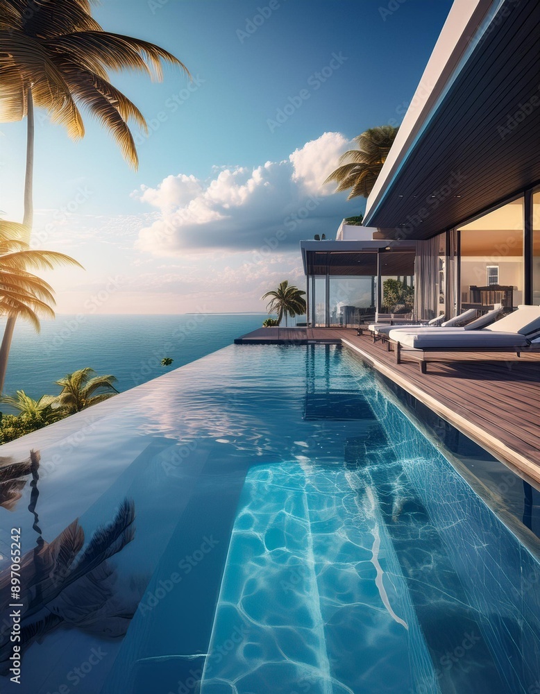 A lavish summer banner advertising a luxury villa with an infinity pool and ocean views.