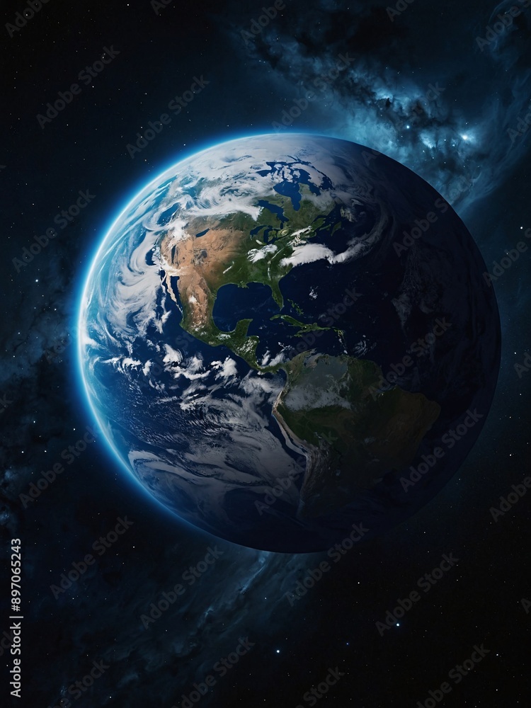 Earth in deep space, blue nebula, glowing sun, dark outer space wallpaper with surface view. High contrast Earth in deep space, blue nebula, glowing sun, dark outer space wallpaper with surface view. High contrast