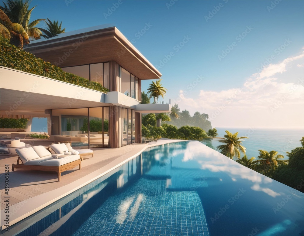 Fototapeta premium A lavish summer banner advertising a luxury villa with an infinity pool and ocean views.