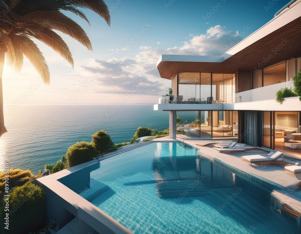Fototapeta premium A lavish summer banner advertising a luxury villa with an infinity pool and ocean views.