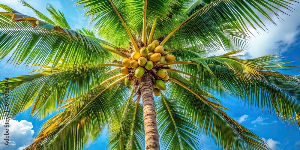 Obraz premium Tall palm tree with green fronds and coconuts hanging, tropical, exotic, palm tree, coconut, foliage, green, nature