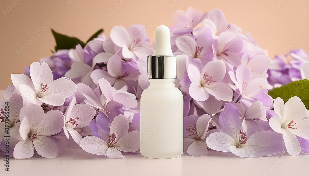 White serum dropper bottle placed among purple flowers. Cosmetic product and flowers. Natural beauty White serum dropper bottle placed among purple flowers. Cosmetic product and flowers. Natural beauty