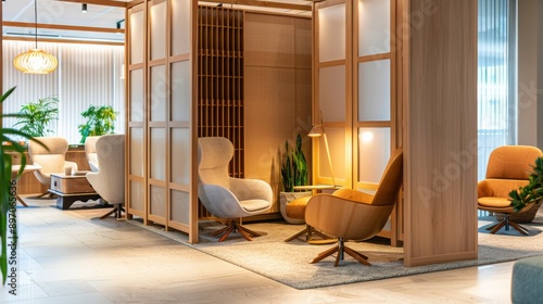 Fototapeta Naklejka Na Ścianę i Meble -  A contemporary office lounge featuring comfortable chairs and a wooden partition wall. The space is bathed in warm light and is decorated with plants, creating a serene and inviting atmosphere.