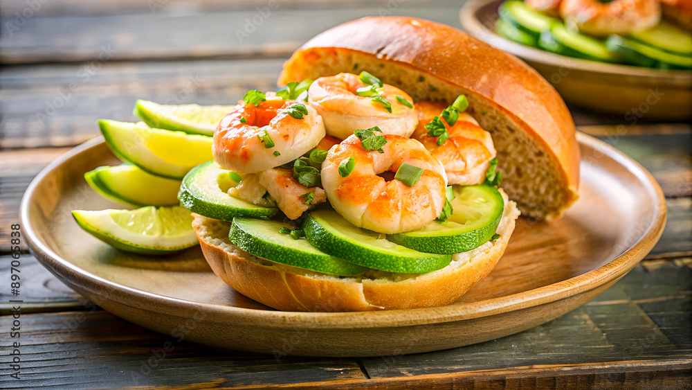 Vibrant Seafood Shrimp Burger on a Round Wooden Platter, Gourmet Delight for Your Culinary Creations, Perfect for Restaurant and Cafe Menus, Food Photography Portfolios, Culinary Magazines, Promotions Vibrant Seafood Shrimp Burger on a Round Wooden Platter, Gourmet Delight for Your Culinary Creations, Perfect for Restaurant and Cafe Menus, Food Photography Portfolios, Culinary Magazines, Promotions