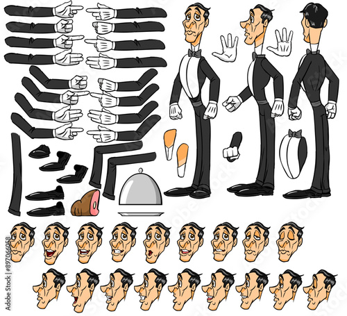 Vector Butler man character with lip sync and eye blink, all sides rigged, Waiter