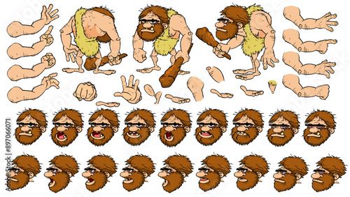 Vector Cave man character with lip sync and eye blink, all sides rigged