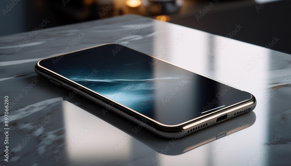 elegant and modern look of a high-end smartphone on a marble top with soft lighting elegant and modern look of a high-end smartphone on a marble top with soft lighting