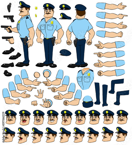Vector Police man character with lip sync and eye blink, all sides rigged