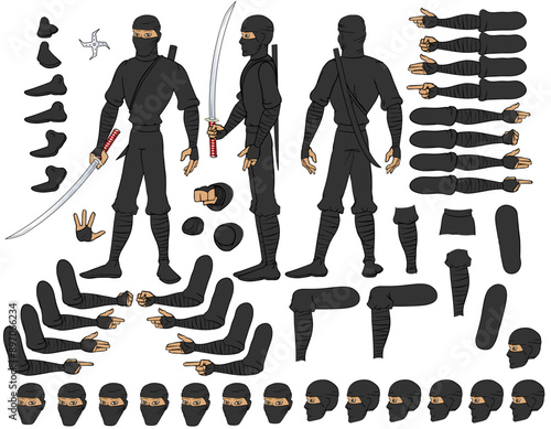 Vector Ninja man character with lip sync and eye blink, all sides rigged