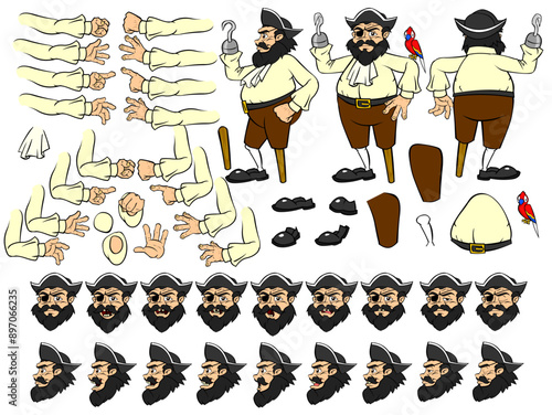 Vector pirate man and parrot character with lip sync and eye blink, all sides rigged | 